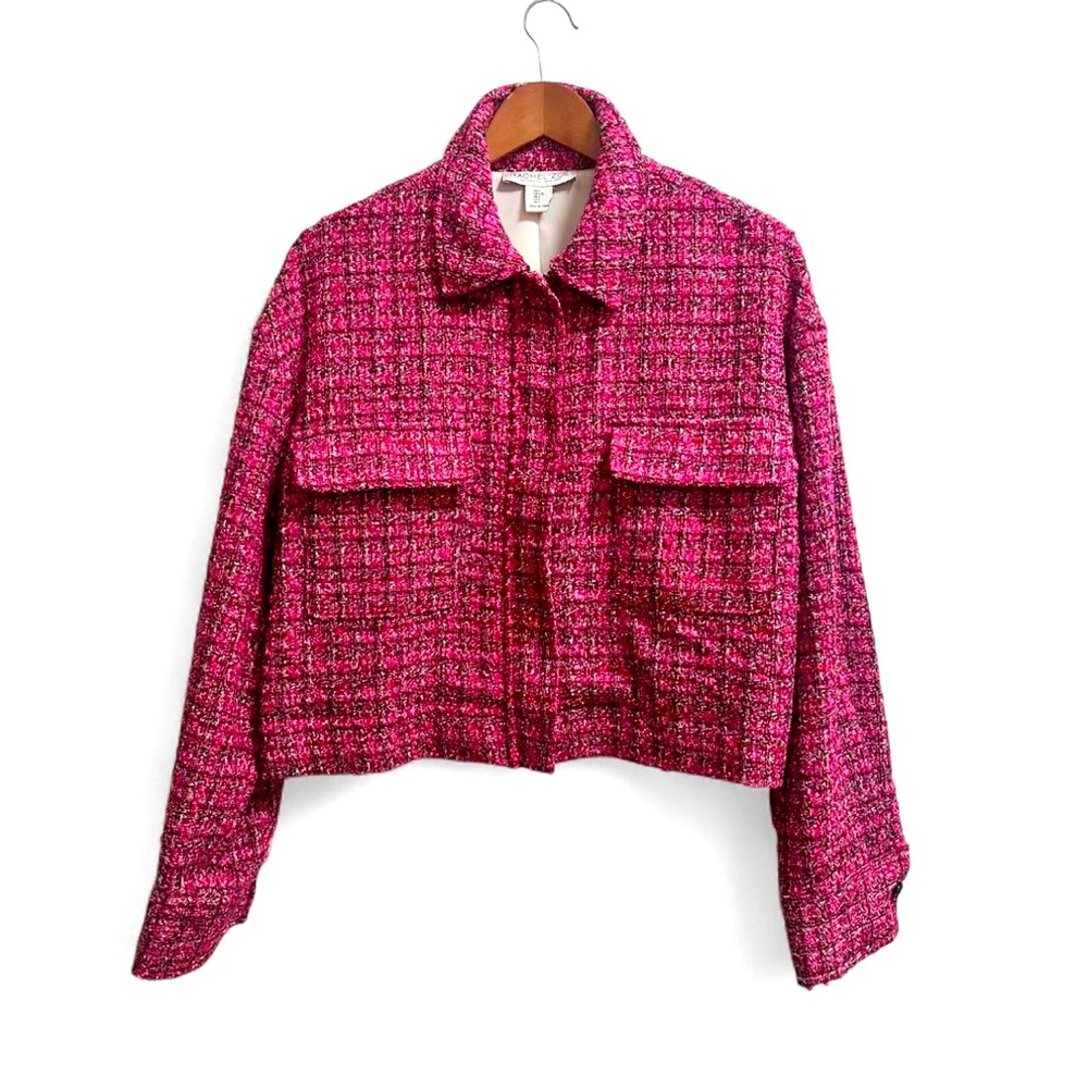 Rachel Zoe Cropped Tweed Pink Collared Blazer Jacket Large